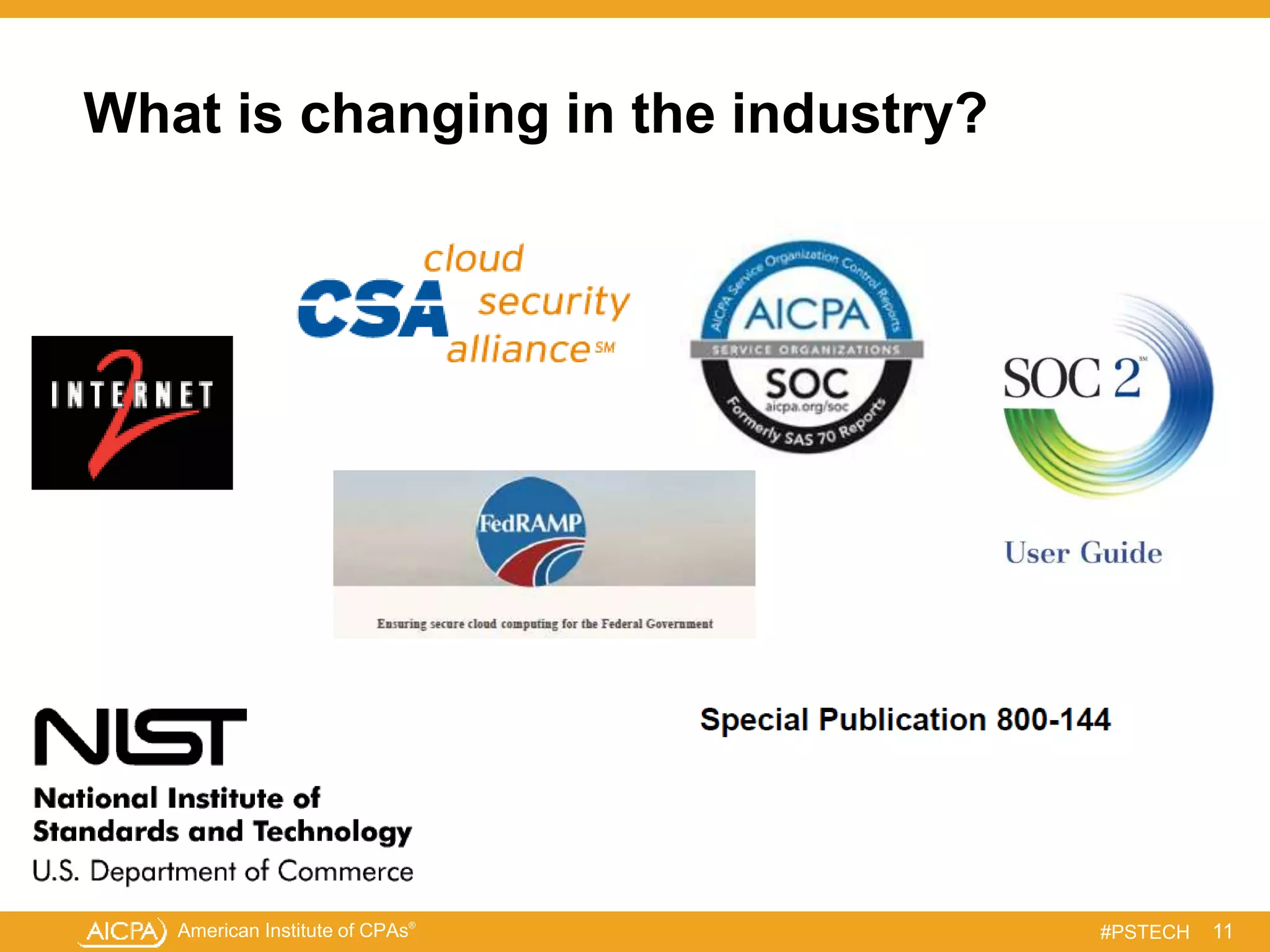 American Institute of CPAs®
#PSTECH
What is changing in the industry?
11
 