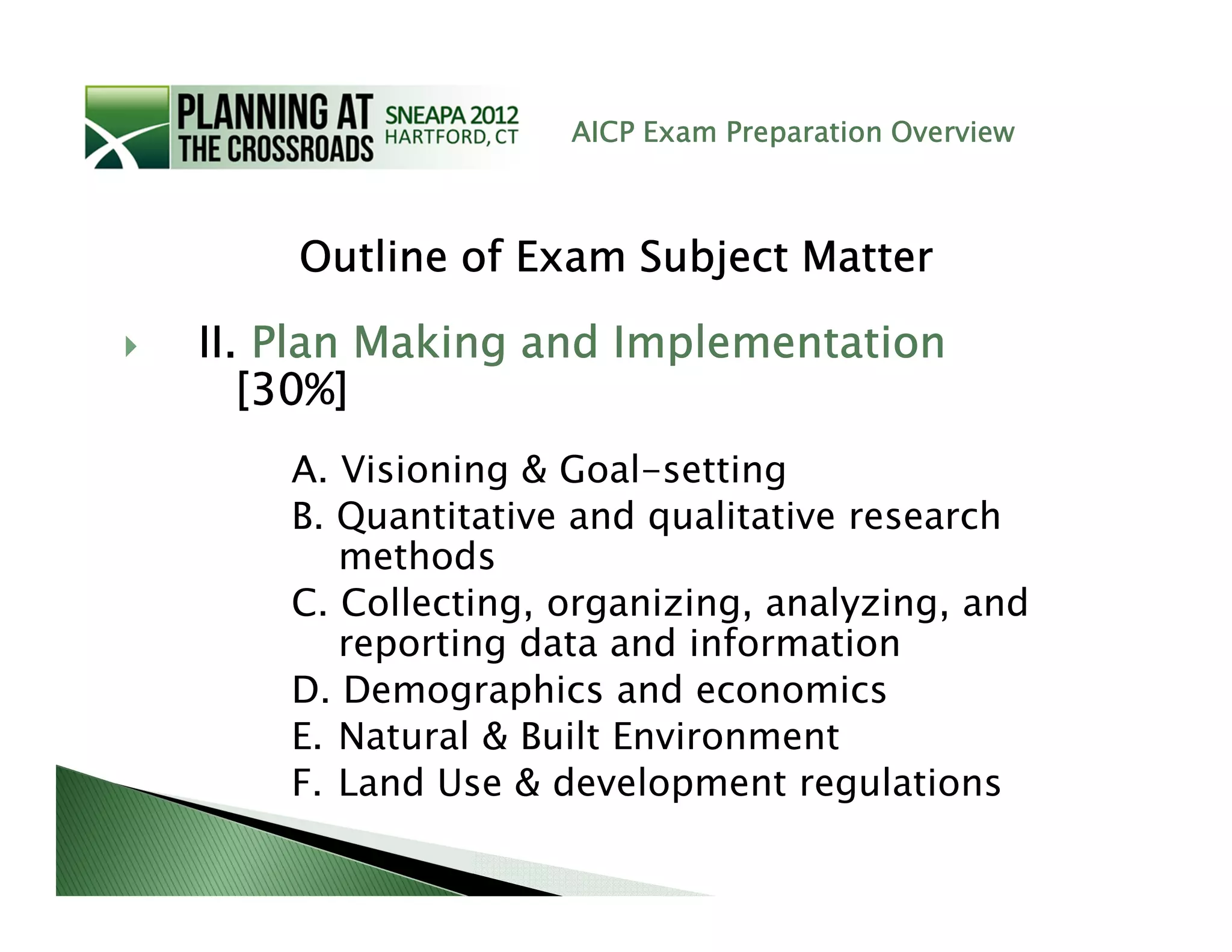 AICP Exam Preparation Overview



    Outline of Exam Subject Matter

II. Plan Making and Implementation
   [30%]
    A. Visioning & Goal-setting
    B. Quantitative and qualitative research
       methods
    C. Collecting, organizing, analyzing, and
       reporting data and information
    D. Demographics and economics
    E. Natural & Built Environment
    F. Land Use & development regulations
 