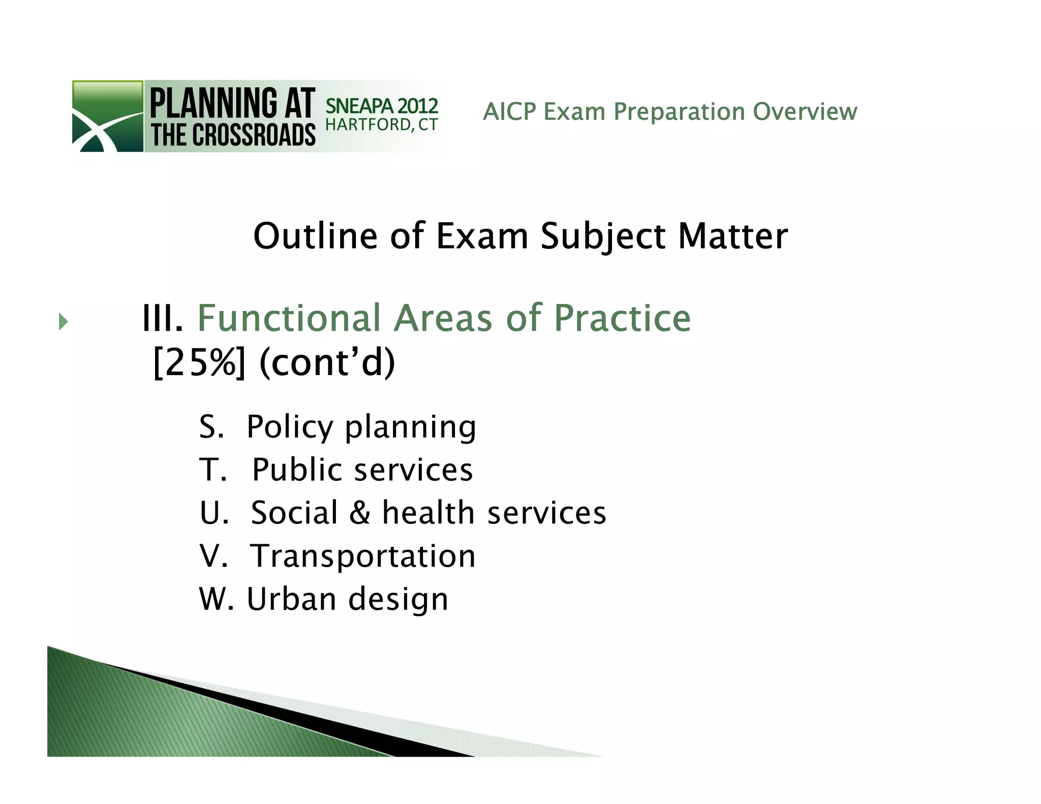 AICP Exam Preparation Overview




        Outline of Exam Subject Matter

III. Functional Areas of Practice
 [25%] (cont’d)
   S.   Policy planning
   T.   Public services
   U.   Social & health services
   V.   Transportation
   W.   Urban design
 