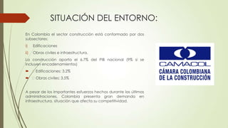 SITUACIÓN DEL ENTORNO:
En Colombia el sector construcción está conformado por dos
subsectores:
i)

Edificaciones

ii)

Obras civiles e infraestructura.

La construcción aporta el 6,7% del PIB nacional (9% si se
incluyen encadenamientos)
 Edificaciones: 3,2%
 Obras civiles: 3,5%
A pesar de los importantes esfuerzos hechos durante las últimas
administraciones, Colombia presenta gran demanda en
infraestructura, situación que afecta su competitividad.

 