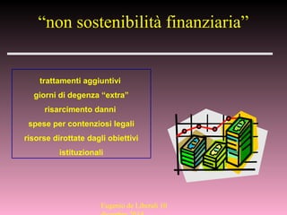 “non sostenibilità finanziaria”
trattamenti aggiuntivi
giorni di degenza “extra”
risarcimento danni
spese per contenziosi legali
risorse dirottate dagli obiettivi
istituzionali
Eugenio de Liberali 10
 