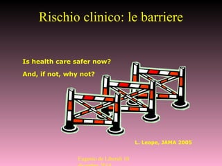 Is health care safer now?
And, if not, why not?
L. Leape, JAMA 2005
Rischio clinico: le barriere
Eugenio de Liberali 10
 