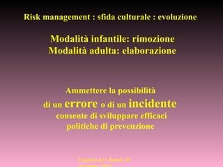 Ammettere la possibilità
di un errore o di un incidente
consente di sviluppare efficaci
politiche di prevenzione
Risk management : sfida culturale : evoluzione
Eugenio de Liberali 10
Modalità infantile: rimozione
Modalità adulta: elaborazione
 