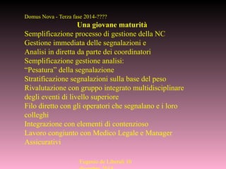 Eugenio de Liberali 10
Domus Nova - Terza fase 2014-????
Una giovane maturità
Semplificazione processo di gestione della NC
Gestione immediata delle segnalazioni e
Analisi in diretta da parte dei coordinatori
Semplificazione gestione analisi:
“Pesatura” della segnalazione
Stratificazione segnalazioni sulla base del peso
Rivalutazione con gruppo integrato multidisciplinare
degli eventi di livello superiore
Filo diretto con gli operatori che segnalano e i loro
colleghi
Integrazione con elementi di contenzioso
Lavoro congiunto con Medico Legale e Manager
Assicurativi
 