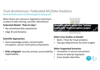 When there are cultural or legislative restrictions
in place to data sharing, consider alternatives!
Federated Model: “Data Co-Ops”
• No centralised data repositories
• Edge AI and Analytics
Scientific Approaches
• Zero-knowledge proofs, homomorphic
encryption, secure-multi-party computation
• Risks mitigated: security, privacy, accountability,
explainability
Trust Architecture: Federated ML/Data Analytics
From limited access to full encryption during use
28 |
Other Case Studies at Data61
• Bank + Telco for fraud analytics
• Two gov departments for joint insights
Other Supported Scenarios
• Innovation in secure transactions
• Access to data by regulators
• Cross-border data flow
 