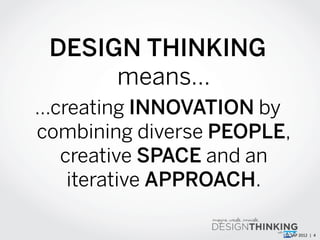 ©	
  SAP	
  2012	
  	
  |	
  	
  4	
  
DESIGN THINKING
means…
…creating INNOVATION by
combining diverse PEOPLE,
creative S...