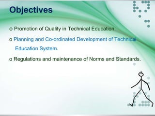 Objectives
o Promotion of Quality in Technical Education.
o Planning and Co-ordinated Development of Technical
Education System.
o Regulations and maintenance of Norms and Standards.
 