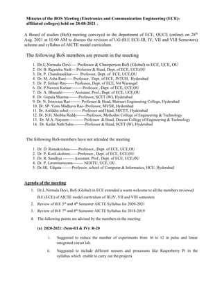 Minutes of the BOS Meeting (Electronics and Communication Engineering (ECE)-
affiliated colleges) held on 28-08-2021 .
A Board of studies (BoS) meeting conveyed in the department of ECE, OUCE (online) on 28th
Aug. 2021 at 11:00 AM to discuss the revision of UG (B.E ECE-III, IV, VII and VIII Semesters)
scheme and syllabus of AICTE model curriculum.
The following BoS members have not attended the meeting
Agenda of the meeting
1. Dr.L.Nirmala Devi, BoS (Global) in ECE extended a warm welcome to all the members reviewed
B.E (ECE) of AICTE model curriculum of III,IV, VII and VIII semesters
2. Review of B.E 3rd
and 4th
Semester AICTE Syllabus for 2020-2021
3. Review of B.E 7th
and 8th
Semester AICTE Syllabus for 2018-2019
4. The following points are advised by the members in the meeting:
(a) 2020-2021: (Sem-III & IV): R-20
i. Suggested to reduce the number of experiments from 16 to 12 in pulse and linear
integrated circuit lab.
ii. Suggested to include different sensors and processors like Rasperberry Pi in the
syllabus which enable to carry out the projects
1. Dr. D. Ramakrishna------ Professor., Dept. of ECE, UCE,OU
2. Dr. P. KotiLakshimi------Professor., Dept. of ECE, UCE,OU
3. Dr. R. Sandhya -------- Assistant. Prof., Dept. of ECE, UCE,OU
4. Dr. P. Laxminarayana-------- NERTU, UCE, OU.
5. Dr.SK. Udgata--------Professor, school of Computer & Informatics, HCU, Hyderabad
The following BoS members are present in the meeting
1. Dr.L.Nirmala Devi---- Professor & Chairperson BoS (Global) in ECE, UCE, OU
2. Dr. B. Rajendra Naik--- Professor & Head, Dept. of ECE, UCE,OU
3. Dr. P. Chandrasekhar----- Professor, Dept. of ECE, UCE,OU
4. Dr. M. Asha Rani----- Professor, Dept. of ECE, JNTUH, Hyderabad
5. Dr. P. Srihari Rao------ Professor, Dept. of ECE, Nit Warangal
6. Dr. P.Naveen Kumar-------- Professor , Dept. of ECE, UCE,OU
7. Dr. A. Bharathi--------- Assistant. Prof., Dept. of ECE, UCE,OU
8. Dr. Gopala Sharma------- Professor, SCET (W), Hyderabad
9. Dr. N. Srinivasa Rao-------- Professor & Head, Matrusri Engineering College, Hyderabad
10. Dr. SP. Venu Madhava Rao- Professor, MVSR, Hyderabad
11. Dr. Arifddin sohel---------- Professor and Head, MJCET, Hyderabad
12. Dr. N.H. Shobha Reddy-------Professor, Methodist College of Engineering & Technology
13. Dr. M.A. Nayeem----------- Professor & Head, Deccan College of Engineering & Technology
14. Dr. Kedar Nath Sahu---------Professor & Head, SCET (W), Hyderabad
 