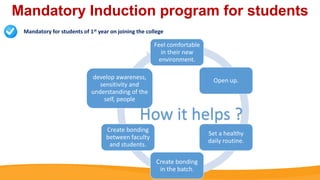 Mandatory Induction program for students
Mandatory for students of 1st year on joining the college
Feel comfortable
in their new
environment.
Open up.
Set a healthy
daily routine.
Create bonding
in the batch.
Create bonding
between faculty
and students.
develop awareness,
sensitivity and
understanding of the
self, people
How it helps ?
 
