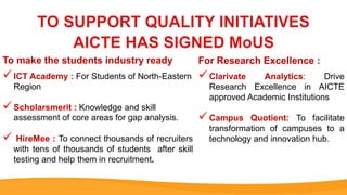 ICT Academy : For Students of North-Eastern
Region
Scholarsmerit : Knowledge and skill
assessment of core areas for gap analysis.
 HireMee : To connect thousands of recruiters
with tens of thousands of students after skill
testing and help them in recruitment.
To make the students industry ready
Clarivate Analytics: Drive
Research Excellence in AICTE
approved Academic Institutions
Campus Quotient: To facilitate
transformation of campuses to a
technology and innovation hub.
For Research Excellence :
 