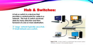A hub or switch is a devices that
provides a central point for cable in a
network . The hub or switch received
data for many direction and then
forward is to one or more destination.
 Large network typically use a hub.
 Small network use a switch.
Hub & Switches:
 