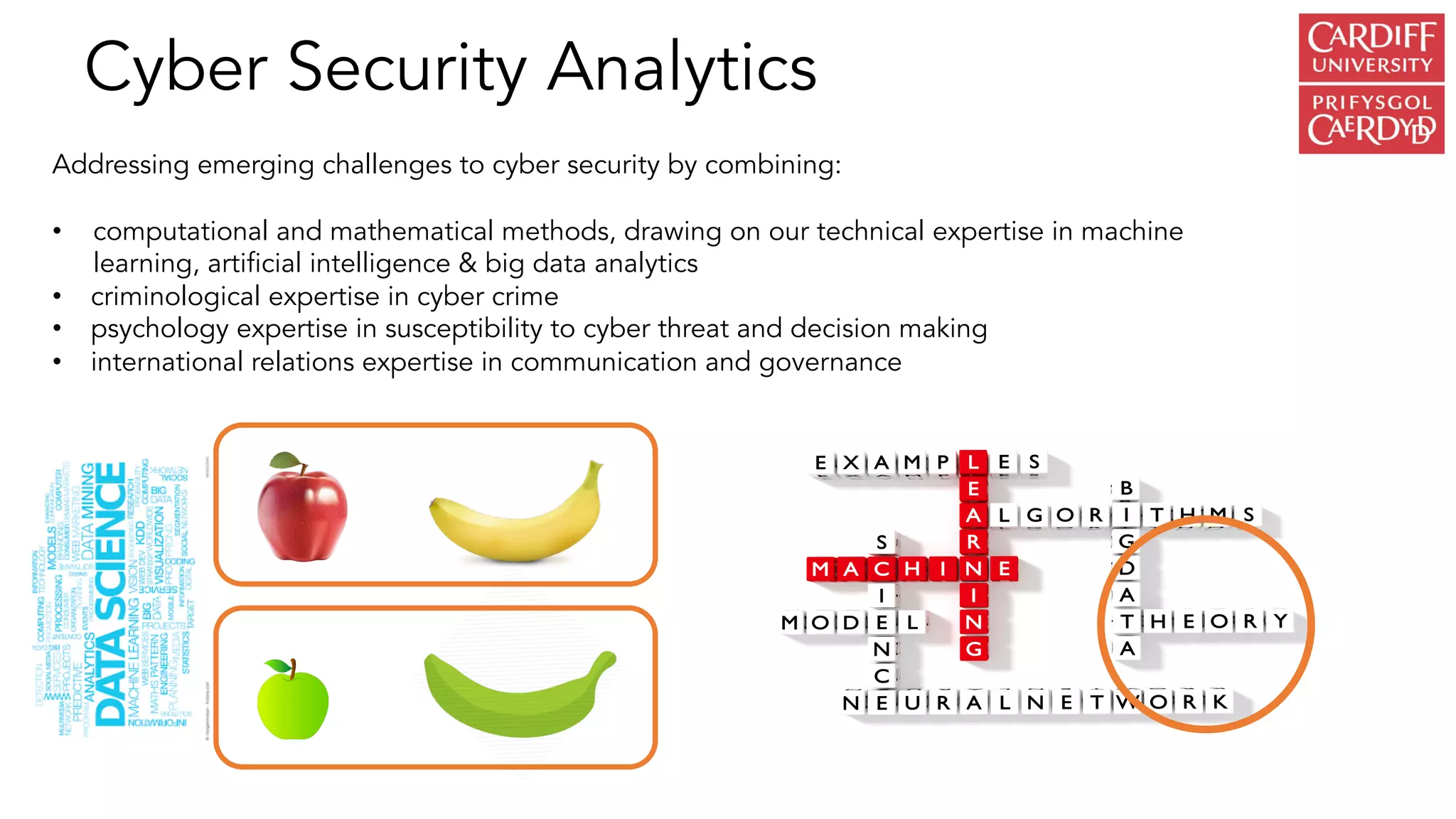 Cyber Security Analytics
Addressing emerging challenges to cyber security by combining:
• computational and mathematical methods, drawing on our technical expertise in machine
learning, artificial intelligence & big data analytics
• criminological expertise in cyber crime
• psychology expertise in susceptibility to cyber threat and decision making
• international relations expertise in communication and governance
 