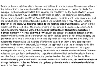 Refers to the AI modelling where the rules are defined by the developer. The machine follows
the rules or instructions mentioned by the developer and performs its task accordingly. For
example, we have a dataset which tells us about the conditions on the basis of which we can
decide if an elephant may be spotted or not while on safari. The parameters are: Outlook,
Temperature, Humidity and Wind. Now, let’s take various possibilities of these parameters and
see in which case the elephant may be spotted and in which case it may not. After looking
through all the cases, we feed this data in to the machine along with the rules which tell the
machine all the possibilities. The machine trains on this data and now is ready to be tested.
While testing the machine, we tell the machine that Outlook = Overcast; Temperature =
Normal; Humidity = Normal and Wind = Weak. On the basis of this testing dataset, now the
machine will be able to tell if the elephant has been spotted before or not and will display the
prediction to us. This is known as a rule-based approach because we fed the data along with
rules to the machine and the machine after getting trained on them is now able to predict
answers for the same. A drawback/feature for this approach is that the learning is static. The
machine once trained, does not take into consideration any changes made in the original
training dataset. That is, if you try testing the machine on a dataset which is different from the
rules and data you fed it at the training stage, the machine will fail and will not learn from its
mistake. Once trained, the model cannot improvise itself on the basis of feedbacks. Thus,
machine learning gets introduced as an extension to this as in that case, the machine adapts to
change in data and rules and follows the updated path only, while a rule-based model does
what it has been taught once
 