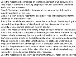 Once the model has been trained on the training dataset of 20 days, it is now
time to see if the model is working properly or not. Let us see how the model
works and how is it tested.
Step 1: The trained model is fed data regards the name of the dish and the
quantity produced for the same.
Step 2: It is then fed data regards the quantity of food left unconsumed for the
same dish on previous occasions.
Step 3: The model then works upon the entries according to the training it got at
the modelling stage. Name of dish Quantity of that dish prepared per day
Quantity of unconsumed portion of the dish per day
Step 4: The Model predicts the quantity of food to be prepared for the next day.
Step 5: The prediction is compared to the testing dataset value. From the testing
dataset, ideally, we can say that the quantity of food to be produced for next
day’s consumption should be the total quantity minus the unconsumed quantity.
Step 6: The model is tested for 10 testing datasets kept aside while training.
Step 7: Prediction values of testing dataset is compared to the actual values.
Step 8: If the prediction value is same or almost similar to the actual values, the
model is said to be accurate. Otherwise, either the model selection is changed o
the model is trained on more data for better accuracy.
Once the model is able to achieve optimum efficiency, it is ready to be deployed
 