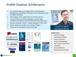 39
Profile Stephan Schillerwein
 15+ years of experience in Digital Media and Information
Management, specializing in Intranets, Social Collaboration and
the Digital Workplace
 100+ projects at 50+ organizations of all sectors & sizes
 Formerly Online and Intranet Manager at several large
enterprises and Director of the Intranet Benchmarking Forum
 Business computer scientist – speaks language of “both sides”
 Author, conference speaker, jury member, blogger, …
 Partner of the Worldwide Intranet Challenge Intranet & Digital
Workplace Advisor
Project Focus:
 Vision & Strategy
 Coaching & Enabling
 System evaluation
 Intranet Methodology
 360° Intranet Assessment
 Findability
 Lean specification
 Organisational Concepts
 …
 