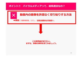2525
ポイント⑦ バイラルメディアって、結局適法なの？
2525
動画内の画像を許諾なく切り貼りする⽅法
➡解説：複製権侵害。ただし、引用の範囲内の可能性も。
この境界線が知りたい。
まずは、実際の事例を⾒てみましょう。
 