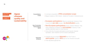 18
Ageas
chooses
quality and
sustainability
Consolidation
scope
SOLVENCY II
RESULTS
STANDARD
FORMULA
> In principle comparable to IFRS consolidation scope
> Belgium treated as 100% Owned – liability for Put option in General Account
Non-Controlled
Participations
(NCP)
> European participations (Tesco & Luxembourg): Solvency II Own
Funds & SCR pro rata included - no diversification benefits
> Non-European participations (Turkey, Thailand, Malaysia, India,
China, Philippines & Vietnam) are not included in Solvency II ratio -
reported separately based on Local Solvency
> If any of the Non-European participations would become “deemed
equivalent”, same treatment as the European participations
Expected
dividend
> Expected pay-out by Ageas deducted from Own Funds in
each quarter, based on 40% pay-out over Insurance net profit
> Final calculations @ year-end
 