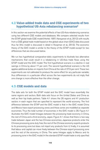 Global value chains in a changing world 
4.2. Value-added trade data and CGE experiments of two 
hypothetical US-Asia rebalancing scenarios8 
In this section we examine the potential effects of two US-Asia rebalancing scenarios 
using two different CGE models and databases. We compare selected results from 
the GTAP global trade CGE model (Hertel, 1997; Narayanan et al., 2012) with results 
from a CGE global trade model based on the global value chain (GVC) data discussed 
thus far (this model is discussed in detail in Koopman et al., 2013). The economic 
theory of the GVC model is similar to the theory of the GTAP model except for two 
differences that are discussed below. 
We run two hypothetical comparative-static experiments to illustrate two alternative 
mechanisms that could result in a rebalancing in US-Asia trade flows using the 
GTAP model and the GVC model. The first hypothetical scenario is a decline in real 
savings in China by about 17 per cent. The second hypothetical scenario is the US 
applies additional duties on imports from China at the rate of 27.5 per cent. These two 
experiments are not calibrated to produce the same effect for any particular variable; 
thus differences in a particular effect across the two experiments do not imply that 
one change is more effective than the other change. 
112 
4.3. CGE models and data 
The data sets for both the GTAP model and the GVC model have essentially the 
same regions and sectors. Both data sets focus on the United States and China as 
well as their top trade partners. Table 4.1 shows the 26 regions and 41 production 
sectors in each region that are specified to represent the world economy. The first 
difference between the GTAP and the GVC model is that in the GVC model China 
and Mexico have export processing zones and these zones are modelled as separate 
economies. Thus the total number of economies in the GVC model is 28. Figure 4.1 
illustrates the GVC model linkages between the processing trade economy in China, 
the rest of China and a third economy, Japan. Figure 4.1 shows that there is two-way 
trade between Japan and the two Chinese economies; Japanese products enter the 
Chinese processing zone duty free; the rest of the Chinese economy exports products 
to its processing zone but does not import any products from it; finally, it is assumed 
that labour and capital can move freely between the Chinese export processing zone 
and the rest of the economy in China. The same linkages apply to Mexico and its 
processing zone in the GVC model. In the standard GTAP model trade is only specified 
 
