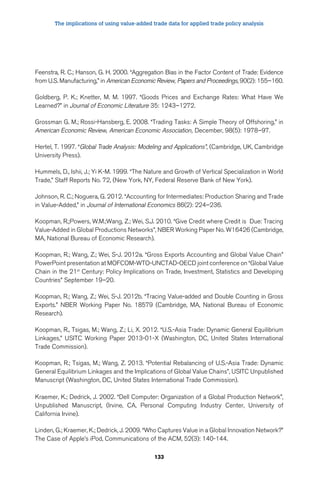 The implications of using value-added trade data for applied trade policy analysis 
Feenstra, R. C.; Hanson, G. H. 2000. “Aggregation Bias in the Factor Content of Trade: Evidence 
from U.S. Manufacturing,” in American Economic Review, Papers and Proceedings, 90(2): 155–160. 
Goldberg, P. K.; Knetter, M. M. 1997. “Goods Prices and Exchange Rates: What Have We 
Learned?” in Journal of Economic Literature 35: 1243–1272. 
Grossman G. M.; Rossi-Hansberg, E. 2008. “Trading Tasks: A Simple Theory of Offshoring,” in 
American Economic Review, American Economic Association, December, 98(5): 1978–97. 
Hertel, T. 1997. “Global Trade Analysis: Modeling and Applications”, (Cambridge, UK, Cambridge 
University Press). 
Hummels, D., Ishii, J.; Yi K-M. 1999. “The Nature and Growth of Vertical Specialization in World 
Trade,” Staff Reports No. 72, (New York, NY, Federal Reserve Bank of New York). 
Johnson, R. C.; Noguera, G. 2012. “Accounting for Intermediates: Production Sharing and Trade 
in Value-Added,” in Journal of International Economics 86(2): 224–236. 
Koopman, R,;Powers, W.M.;Wang, Z.; Wei, S.J. 2010. “Give Credit where Credit is Due: Tracing 
Value-Added in Global Productions Networks”, NBER Working Paper No. W16426 (Cambridge, 
MA, National Bureau of Economic Research). 
Koopman, R.; Wang, Z.; Wei, S-J. 2012a. “Gross Exports Accounting and Global Value Chain” 
PowerPoint presentation at MOFCOM-WTO-UNCTAD-OECD joint conference on “Global Value 
Chain in the 21st Century: Policy Implications on Trade, Investment, Statistics and Developing 
Countries” September 19–20. 
Koopman, R.; Wang, Z.; Wei, S-J. 2012b. “Tracing Value-added and Double Counting in Gross 
Exports.” NBER Working Paper No. 18579 (Cambridge, MA, National Bureau of Economic 
Research). 
Koopman, R., Tsigas, M.; Wang, Z.; Li, X. 2012. “U.S.-Asia Trade: Dynamic General Equilibrium 
Linkages,” USITC Working Paper 2013-01-X (Washington, DC, United States International 
Trade Commission). 
Koopman, R.; Tsigas, M.; Wang, Z. 2013. “Potential Rebalancing of U.S.-Asia Trade: Dynamic 
General Equilibrium Linkages and the Implications of Global Value Chains”, USITC Unpublished 
Manuscript (Washington, DC, United States International Trade Commission). 
Kraemer, K.; Dedrick, J. 2002. “Dell Computer: Organization of a Global Production Network”, 
Unpublished Manuscript, (Irvine, CA, Personal Computing Industry Center, University of 
California Irvine). 
Linden, G.; Kraemer, K.; Dedrick, J. 2009. “Who Captures Value in a Global Innovation Network?” 
The Case of Apple’s iPod, Communications of the ACM, 52(3): 140-144. 
133 
 