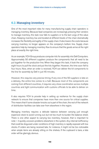Global value chains in a changing world 
162 
6.2. Managing inventory 
One of the most important roles for many manufacturing supply chain operators is 
managing inventory. Because lead companies are increasingly pressing their vendors 
to manage inventory, this task now falls to suppliers or to the last rungs of the value 
chain. Keeping inventory low and located at different levels of the chain dramatically 
increases the flexibility and agility of the supply chain. It also lowers the costs because 
carrying inventory no longer appears on the company’s bottom line. Supply chain 
operators help by managing inventory flow to ensure that the goods arrive at the right 
place at exactly the right time. 
As an example, YCH Group produces computer kits for assembly into Dell Computers. 
Approximately 50 different suppliers produce the components that all need to be 
put together for the production line. When they began this task, it took the company 
eight hours to pull the stock and put the kits together. However, the time soon fell to 
four hours. Now, when an order is received, YCH can deliver the kit components to 
the line for assembly by Dell in just 45 minutes. 
However, this requires very precise timing. If any one of the 50 suppliers is late on 
a delivery, the entire line comes to a halt. Because most of the components are 
coming from different countries, it requires very close coordination across multiple 
countries and tight communication with customs officials to be able to deliver on 
time. 
It also requires YCH to provide help in setting up resilience for the supply chain 
network to ensure that companies have more than one source for critical supplies. 
This means that if some disaster knocks out a part of the chain, the rest of the network 
of distribution facilities can take over from elsewhere in the region. 
Managing inventory requires a delicate balance between carrying just enough 
expensive stock to avoid running out, but not too much to burden the balance sheet. 
There is one other aspect to carrying low inventory, however, that is important to 
note — it quickly uncovers problems elsewhere in the system. Any internal inefficiency 
that could be disguised under conditions of high inventory is rapidly exposed with low 
stocks. If orders are being received late, for instance, it might not be too noticeable 
when ample items are already sitting on the shelves. If the cupboard is bare, a late 
order will be glaringly obvious. 
 