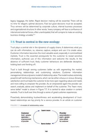 Global value chains in a changing world 
legacy baggage, the better. Rapid decision making will be essential. There will be 
no time for elegant, optimal decisions. Fast but good decisions must be accepted. 
Thus winners will be determined by corporate culture, internal business processes 
and organizational structure. In other words, “every company will face a confluence of 
internal and external forces, often unanticipated, that will conspire to make an existing 
business strategy unviable.”14 
7.5. Trust is central in the new ecology 
Trust plays a central role in the dynamics of supply chains. It determines what you 
can do with information, i.e., observe, capture, analyse and use it to create value. 
Customer information becomes the most valuable asset, especially in commoditized 
markets. Trust is the essential prerequisite for the customer to reveal sensitive 
information, authorize use of this information and welcome the results. In the 
absence of sufficient trust, likely customer behaviours are deliberate deception, 
holding back and fending off. 
Trust is built through serving customers better as with segmenting the market, 
personalizing relationships and customizing solutions. Customer information 
management drives a dynamic model of relationship value. The model involves extremely 
powerful self-reinforcing mechanisms, which can be either virtuous or vicious. Growing 
satisfaction and trust leads the customer to be more open regarding values and needs 
and more willing to empower the provider. As an empowered agent the provider can 
search, evaluate, advise and implement on behalf of the customer. This “learn more, 
serve better” model is shown in Figure 7.7. It is central to value creation in content 
markets. Trust is built over time through a series of great customer experiences. 
Proactively demonstrating trustworthiness and accelerating development of trust-based 
relationships are top priority for a service provider. In an article on customer 
184 
Figure 7.7: A model of relationship value 
Source: Author. 
 