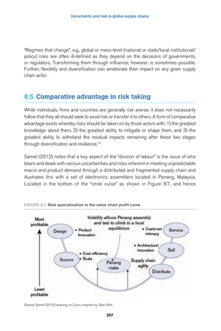 Uncertainty and risk in global supply chains 
“Regimes that change”, e.g., global or meso-level (national or state/local institutional/ 
policy) risks are often ill-defined as they depend on the decisions of governments, 
or regulators. Transforming them through influence, however, is sometimes possible. 
Further, flexiblity and diversification can ameliorate their impact on any given supply 
chain actor. 
8.5. Comparative advantage in risk taking 
While individuals, firms and countries are generally risk averse, it does not necessarily 
follow that they all should seek to avoid risk or transfer it to others. A form of comparative 
advantage exists whereby risks should be taken on by those actors with: 1) the greatest 
knowledge about them, 2) the greatest ability to mitigate or shape them, and 3) the 
greatest ability to withstand the residual impacts remaining after these two stages 
through diversification and resilience.14 
Samel (2012) notes that a key aspect of the “division of labour” is the issue of who 
bears and deals with various uncertainties and risks inherent in meeting unpredictable 
macro and product demand through a distributed and fragmented supply chain and 
illustrates this with a set of electronics assemblers located in Penang, Malaysia. 
Located in the bottom of the “smile curve” as shown in Figure 8.7, and hence 
FIgure 8.7: risk specialization in the value chain profit curve 
Source: Samel (2012) drawing on Cisco, inspired by Stan Shih. 
207 
 