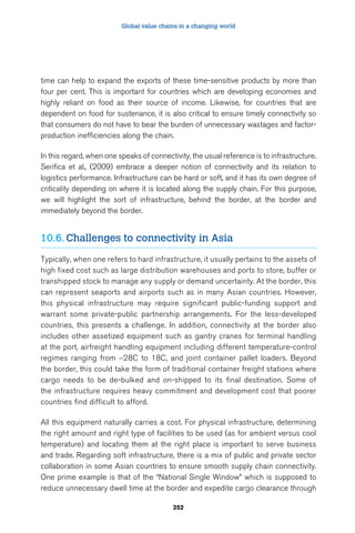 Global value chains in a changing world 
time can help to expand the exports of these time-sensitive products by more than 
four per cent. This is important for countries which are developing economies and 
highly reliant on food as their source of income. Likewise, for countries that are 
dependent on food for sustenance, it is also critical to ensure timely connectivity so 
that consumers do not have to bear the burden of unnecessary wastages and factor-production 
inefficiencies along the chain. 
In this regard, when one speaks of connectivity, the usual reference is to infrastructure. 
Serifica et al., (2009) embrace a deeper notion of connectivity and its relation to 
logistics performance. Infrastructure can be hard or soft, and it has its own degree of 
criticality depending on where it is located along the supply chain. For this purpose, 
we will highlight the sort of infrastructure, behind the border, at the border and 
immediately beyond the border. 
10.6. Challenges to connectivity in Asia 
Typically, when one refers to hard infrastructure, it usually pertains to the assets of 
high fixed cost such as large distribution warehouses and ports to store, buffer or 
transhipped stock to manage any supply or demand uncertainty. At the border, this 
can represent seaports and airports such as in many Asian countries. However, 
this physical infrastructure may require significant public-funding support and 
warrant some private-public partnership arrangements. For the less-developed 
countries, this presents a challenge. In addition, connectivity at the border also 
includes other assetized equipment such as gantry cranes for terminal handling 
at the port, airfreight handling equipment including different temperature-control 
regimes ranging from -28C to 18C, and joint container pallet loaders. Beyond 
the border, this could take the form of traditional container freight stations where 
cargo needs to be de-bulked and on-shipped to its final destination. Some of 
the infrastructure requires heavy commitment and development cost that poorer 
countries find difficult to afford. 
All this equipment naturally carries a cost. For physical infrastructure, determining 
the right amount and right type of facilities to be used (as for ambient versus cool 
temperature) and locating them at the right place is important to serve business 
and trade. Regarding soft infrastructure, there is a mix of public and private sector 
collaboration in some Asian countries to ensure smooth supply chain connectivity. 
One prime example is that of the “National Single Window” which is supposed to 
reduce unnecessary dwell time at the border and expedite cargo clearance through 
252 
 