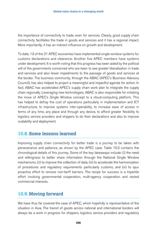 Global value chains in a changing world 
the importance of connectivity to trade, even for services. Clearly, good supply chain 
connectivity facilitates the trade in goods and services and it has a regional impact. 
More importantly, it has an indirect influence on growth and development. 
To date, 13 of the 21 APEC economies have implemented single-window systems for 
customs declarations and clearance. Another five APEC members have systems 
under development. It is worth noting that this progress has been aided by the political 
will of the governments concerned who are keen to see greater liberalization in trade 
and services and also fewer impediments to the passage of goods and services at 
the border. The business community, through the ABAC (APEC’s Business Advisory 
Council), has also helped to project a meaningful and impactful agenda for action. In 
fact, ABAC has accelerated APEC’s supply chain work plan to integrate the supply 
chain regionally. Leveraging new technologies, ABAC is also responsible for initiating 
the move of APEC’s Single Window concept to a cloud-computing platform. This 
has helped to defray the cost of operations particularly in implementation and ICT 
infrastructure, to improve systems inter-operability, to increase ease of access in 
terms of any time, any place and through any device, to afford greater flexibility to 
logistics service providers and shippers to do their declarations and also to improve 
scalability and deployment. 
10.8. Some lessons learned 
Improving supply chain connectivity for better trade is a journey to be taken with 
perseverance and patience, as shown by the APEC case. Table 10.3 contains the 
chronological details of this journey. Some of the key takeaways include: (i) the need 
and willingness to better share information through the National Single Window 
mechanisms, (ii) to improve the collection of data, (iii) to accelerate the harmonization 
of procedures and regulatory requirements particularly customs, and (iv) to spur 
proactive effort to remove non-tariff barriers. The recipe for success is a tripartite 
effort involving governmental cooperation, multi-agency cooperation and vested 
commercial interests. 
256 
10.9. Moving forward 
We have thus far covered the case of APEC, which hopefully is representative of the 
situation in Asia. The transit of goods across national and international borders will 
always be a work in progress for shippers, logistics service providers and regulatory 
 