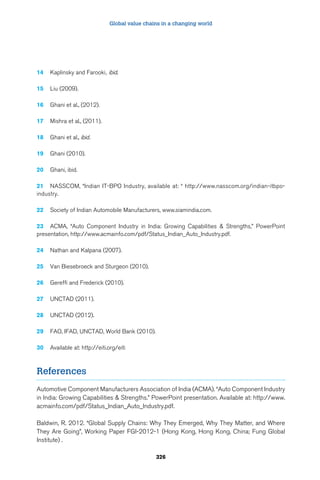 Global value chains in a changing world 
326 
14 Kaplinsky and Farooki, ibid. 
15 Liu (2009). 
16 Ghani et al., (2012). 
17 Mishra et al., (2011). 
18 Ghani et al., ibid. 
19 Ghani (2010). 
20 Ghani, ibid. 
21 NASSCOM, “Indian IT-BPO Industry, available at: “ http://www.nasscom.org/indian-itbpo-industry. 
22 Society of Indian Automobile Manufacturers, www.siamindia.com. 
23 ACMA, “Auto Component Industry in India: Growing Capabilities  Strengths,” PowerPoint 
presentation, http://www.acmainfo.com/pdf/Status_Indian_Auto_Industry.pdf. 
24 Nathan and Kalpana (2007). 
25 Van Biesebroeck and Sturgeon (2010). 
26 Gereffi and Frederick (2010). 
27 UNCTAD (2011). 
28 UNCTAD (2012). 
29 FAO, IFAD, UNCTAD, World Bank (2010). 
30 Available at: http://eiti.org/eiti 
References 
Automotive Component Manufacturers Association of India (ACMA). “Auto Component Industry 
in India: Growing Capabilities  Strengths.” PowerPoint presentation. Available at: http://www. 
acmainfo.com/pdf/Status_Indian_Auto_Industry.pdf. 
Baldwin, R. 2012. “Global Supply Chains: Why They Emerged, Why They Matter, and Where 
They Are Going”, Working Paper FGI-2012-1 (Hong Kong, Hong Kong, China; Fung Global 
Institute) . 
 
