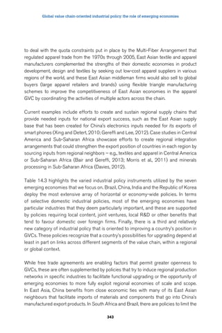 Global value chain-oriented industrial policy: the role of emerging economies 
to deal with the quota constraints put in place by the Multi-Fiber Arrangement that 
regulated apparel trade from the 1970s through 2005, East Asian textile and apparel 
manufacturers complemented the strengths of their domestic economies in product 
development, design and textiles by seeking out low-cost apparel suppliers in various 
regions of the world, and these East Asian middleman firms would also sell to global 
buyers (large apparel retailers and brands) using flexible triangle manufacturing 
schemes to improve the competitiveness of East Asian economies in the apparel 
GVC by coordinating the activities of multiple actors across the chain. 
Current examples include efforts to create and sustain regional supply chains that 
provide needed inputs for national export success, such as the East Asian supply 
base that has been created for China’s electronics inputs needed for its exports of 
smart phones (Xing and Detert, 2010; Gereffi and Lee, 2012). Case studies in Central 
America and Sub-Saharan Africa showcase efforts to create regional integration 
arrangements that could strengthen the export position of countries in each region by 
sourcing inputs from regional neighbors – e.g., textiles and apparel in Central America 
or Sub-Saharan Africa (Bair and Gereffi, 2013; Morris et al., 2011) and minerals 
processing in Sub-Saharan Africa (Davies, 2012). 
Table 14.3 highlights the varied industrial policy instruments utilized by the seven 
emerging economies that we focus on. Brazil, China, India and the Republic of Korea 
deploy the most extensive array of horizontal or economy-wide policies. In terms 
of selective domestic industrial policies, most of the emerging economies have 
particular industries that they deem particularly important, and these are supported 
by policies requiring local content, joint ventures, local RD or other benefits that 
tend to favour domestic over foreign firms. Finally, there is a third and relatively 
new category of industrial policy that is oriented to improving a country’s position in 
GVCs. These policies recognize that a country’s possibilities for upgrading depend at 
least in part on links across different segments of the value chain, within a regional 
or global context. 
While free trade agreements are enabling factors that permit greater openness to 
GVCs, these are often supplemented by policies that try to induce regional production 
networks in specific industries to facilitate functional upgrading or the opportunity of 
emerging economies to more fully exploit regional economies of scale and scope. 
In East Asia, China benefits from close economic ties with many of its East Asian 
neighbours that facilitate imports of materials and components that go into China’s 
manufactured export products. In South Africa and Brazil, there are policies to limit the 
343 
 