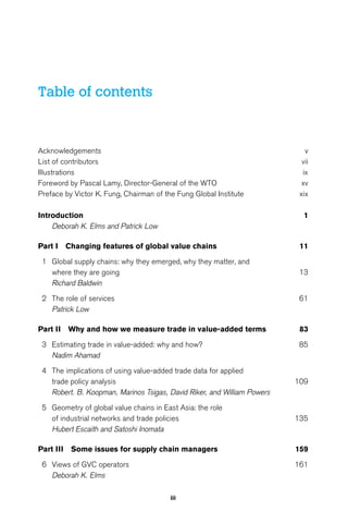 iii 
Table of contents 
Acknowledgements v 
List of contributors vii 
Illustrations ix 
Foreword by Pascal Lamy, Director-General of the WTO xv 
Preface by Victor K. Fung, Chairman of the Fung Global Institute xix 
Introduction 1 
Deborah K. Elms and Patrick Low 
Part I Changing features of global value chains 11 
1 Global supply chains: why they emerged, why they matter, and 
where they are going 13 
Richard Baldwin 
2 The role of services 61 
Patrick Low 
Part II Why and how we measure trade in value-added terms 83 
3 Estimating trade in value-added: why and how? 85 
Nadim Ahamad 
4 The implications of using value-added trade data for applied 
trade policy analysis 109 
Robert. B. Koopman, Marinos Tsigas, David Riker, and William Powers 
5 Geometry of global value chains in East Asia: the role 
of industrial networks and trade policies 135 
Hubert Escaith and Satoshi Inomata 
Part III Some issues for supply chain managers 159 
6 Views of GVC operators 161 
Deborah K. Elms 
 