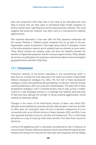Global value chains in a changing world 
parts and components within East Asia is less likely to be interrupted and more 
likely to recover than are other types of international trade. Private companies try 
hard to maintain quick, high-frequency synchronized production networks. This result 
suggests that production networks may rather work as a macroeconomic stabilizer 
against shocks. 
One important observation is that even after the East Japanese earthquake and 
the massive flooding in Thailand, private companies did not go back to the pre-fragmentation 
system of production. They made various efforts to strengthen control 
of the entire production network and to establish back-up channels to some extent. 
These efforts however are certainly costly, and there are tradeoffs between the 
benefits of fragmented production and the insurance against shocks. Policy debates 
do not focus on pulling back from production networks but rather on how to strengthen 
geographical links extended in East Asia. 
380 
15.7. Conclusion 
Production networks of the second unbundling in the manufacturing sector in 
East Asia are currently the most advanced in the world and present fundamentally 
different development strategies for LDCs. The first half of these development 
strategies is pretty well established. By participating in production networks through 
resolving bottlenecks, LDCs can jump-start industrialization. The latter half of these 
development strategies is still in uncharted territory. How to step up from a middle-income 
to a fully developed economy is a challenge that relatively advanced parts 
of East Asia face, although the strength of having industrial agglomeration should 
certainly be effectively utilized. 
Changes in the nature of the North-South division of labour also affect DCs’ 
attitudes toward globalizing corporate activities. Moving labour-intensive activities 
to LDCs does not necessarily mean the loss of domestic employment. If a firm 
successfully sets up an efficient division of labour between LDCs and DCs, it can 
even generate domestic economic activities and employment. This is instinctively 
perceived as a way of enjoying trickle-down benefits from East Asian economic 
dynamism. 
Linking to the globalizing world is necessarily accompanied by risks of exposure to 
various shocks. However, differences between shocks transmitted through production 
networks and arising from financial links have been well recognized, and the stability 
 
