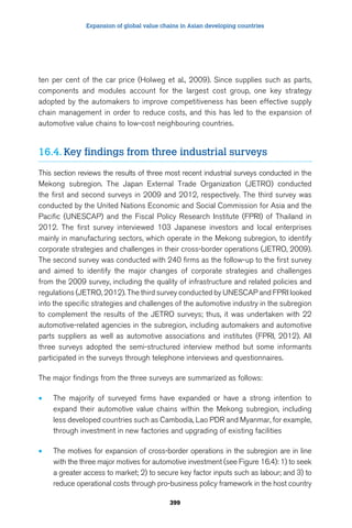 Expansion of global value chains in Asian developing countries 
ten per cent of the car price (Holweg et al., 2009). Since supplies such as parts, 
components and modules account for the largest cost group, one key strategy 
adopted by the automakers to improve competitiveness has been effective supply 
chain management in order to reduce costs, and this has led to the expansion of 
automotive value chains to low-cost neighbouring countries. 
16.4. Key findings from three industrial surveys 
This section reviews the results of three most recent industrial surveys conducted in the 
Mekong subregion. The Japan External Trade Organization (JETRO) conducted 
the first and second surveys in 2009 and 2012, respectively. The third survey was 
conducted by the United Nations Economic and Social Commission for Asia and the 
Pacific (UNESCAP) and the Fiscal Policy Research Institute (FPRI) of Thailand in 
2012. The first survey interviewed 103 Japanese investors and local enterprises 
mainly in manufacturing sectors, which operate in the Mekong subregion, to identify 
corporate strategies and challenges in their cross-border operations (JETRO, 2009). 
The second survey was conducted with 240 firms as the follow-up to the first survey 
and aimed to identify the major changes of corporate strategies and challenges 
from the 2009 survey, including the quality of infrastructure and related policies and 
regulations (JETRO, 2012). The third survey conducted by UNESCAP and FPRI looked 
into the specific strategies and challenges of the automotive industry in the subregion 
to complement the results of the JETRO surveys; thus, it was undertaken with 22 
automotive-related agencies in the subregion, including automakers and automotive 
parts suppliers as well as automotive associations and institutes (FPRI, 2012). All 
three surveys adopted the semi-structured interview method but some informants 
participated in the surveys through telephone interviews and questionnaires. 
The major findings from the three surveys are summarized as follows: 
• The majority of surveyed firms have expanded or have a strong intention to 
expand their automotive value chains within the Mekong subregion, including 
less developed countries such as Cambodia, Lao PDR and Myanmar, for example, 
through investment in new factories and upgrading of existing facilities 
• The motives for expansion of cross-border operations in the subregion are in line 
with the three major motives for automotive investment (see Figure 16.4): 1) to seek 
a greater access to market; 2) to secure key factor inputs such as labour; and 3) to 
reduce operational costs through pro-business policy framework in the host country 
399 
 