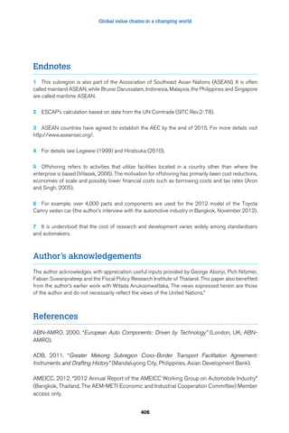 Global value chains in a changing world 
406 
Endnotes 
1 This subregion is also part of the Association of Southeast Asian Nations (ASEAN). It is often 
called mainland ASEAN, while Brunei Darussalam, Indonesia, Malaysia, the Philippines and Singapore 
are called maritime ASEAN. 
2 ESCAP’s calculation based on data from the UN Comtrade (SITC Rev.2: 78). 
3 ASEAN countries have agreed to establish the AEC by the end of 2015. For more details visit 
http://www.aseansec.org/. 
4 For details see Legewie (1999) and Hiratsuka (2010). 
5 Offshoring refers to activities that utilize facilities located in a country other than where the 
enterprise is based (Vitasek, 2006). The motivation for offshoring has primarily been cost reductions, 
economies of scale and possibly lower financial costs such as borrowing costs and tax rates (Aron 
and Singh, 2005). 
6 For example, over 4,000 parts and components are used for the 2012 model of the Toyota 
Camry sedan car (the author’s interview with the automotive industry in Bangkok, November 2012). 
7 It is understood that the cost of research and development varies widely among standardizers 
and automakers. 
Author’s aknowledgements 
The author acknowledges with appreciation useful inputs provided by George Abonyi, Pich Nitsmer, 
Fabian Suwanprateep and the Fiscal Policy Research Institute of Thailand. This paper also benefited 
from the author’s earlier work with Witada Anukoonwattaka. The views expressed herein are those 
of the author and do not necessarily reflect the views of the United Nations.” 
References 
ABN-AMRO. 2000. “European Auto Components: Driven by Technology” (London, UK, ABN-AMRO). 
ADB. 2011. “Greater Mekong Subregion Cross-Border Transport Facilitation Agreement: 
Instruments and Drafting History” (Mandaluyong City, Philippines, Asian Development Bank). 
AMEICC. 2012. “2012 Annual Report of the AMEICC Working Group on Automobile Industry” 
(Bangkok, Thailand, The AEM-METI Economic and Industrial Cooperation Committee) Member 
access only. 
 