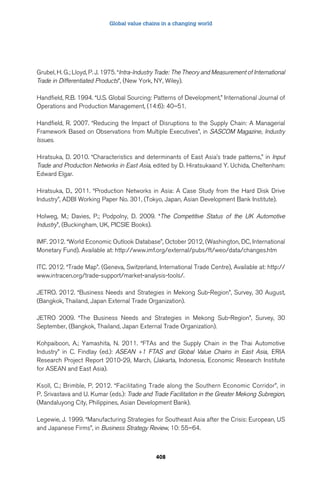 Global value chains in a changing world 
Grubel, H. G.; Lloyd, P. J. 1975. “Intra-Industry Trade: The Theory and Measurement of International 
Trade in Differentiated Products”, (New York, NY, Wiley). 
Handfield, R.B. 1994. “U.S. Global Sourcing: Patterns of Development,” International Journal of 
Operations and Production Management, (14:6): 40–51. 
Handfield, R. 2007. “Reducing the Impact of Disruptions to the Supply Chain: A Managerial 
Framework Based on Observations from Multiple Executives”, in SASCOM Magazine, Industry 
Issues. 
Hiratsuka, D. 2010. “Characteristics and determinants of East Asia’s trade patterns,” in Input 
Trade and Production Networks in East Asia, edited by D. Hiratsukaand Y. Uchida, Cheltenham: 
Edward Elgar. 
Hiratsuka, D., 2011. “Production Networks in Asia: A Case Study from the Hard Disk Drive 
Industry”, ADBI Working Paper No. 301, (Tokyo, Japan, Asian Development Bank Institute). 
Holweg, M.; Davies, P.; Podpolny, D. 2009. “The Competitive Status of the UK Automotive 
Industry”, (Buckingham, UK, PICSIE Books). 
IMF. 2012. “World Economic Outlook Database”, October 2012, (Washington, DC, International 
Monetary Fund). Available at: http://www.imf.org/external/pubs/ft/weo/data/changes.htm 
ITC. 2012. “Trade Map”. (Geneva, Switzerland, International Trade Centre), Available at: http:// 
www.intracen.org/trade-support/market-analysis-tools/. 
JETRO. 2012. “Business Needs and Strategies in Mekong Sub-Region”, Survey, 30 August, 
(Bangkok, Thailand, Japan External Trade Organization). 
JETRO 2009. “The Business Needs and Strategies in Mekong Sub-Region”, Survey, 30 
September, (Bangkok, Thailand, Japan External Trade Organization). 
Kohpaiboon, A.; Yamashita, N. 2011. “FTAs and the Supply Chain in the Thai Automotive 
Industry” in C. Findlay (ed.): ASEAN +1 FTAS and Global Value Chains in East Asia, ERIA 
Research Project Report 2010-29, March, (Jakarta, Indonesia, Economic Research Institute 
for ASEAN and East Asia). 
Ksoll, C.; Brimble, P. 2012. “Facilitating Trade along the Southern Economic Corridor”, in 
P. Srivastava and U. Kumar (eds.): Trade and Trade Facilitation in the Greater Mekong Subregion, 
(Mandaluyong City, Philippines, Asian Development Bank). 
Legewie, J. 1999. “Manufacturing Strategies for Southeast Asia after the Crisis: European, US 
and Japanese Firms”, in Business Strategy Review, 10: 55–64. 
408 
 