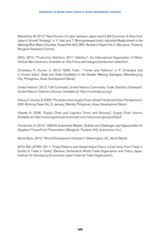 Expansion of global value chains in Asian developing countries 
Makishima, M. 2012. “New Division of Labor between Japan and CLMV Countries: A View from 
Japan’s Growth Strategy”, in Y. Ueki and T. Bhongmakapat (eds): Industrial Readjustment in the 
Mekong River Basin Countries Toward the AEC, BRC Research Report No.7, (Bangkok, Thailand, 
Bangkok Research Centre). 
OICA. 2012. “Production Statistics: 2011 Statistics”, the International Organization of Motor 
Vehicle Manufacturers, Available at: http://oica.net/category/production-statistics/. 
Srivastava, P.; Kumar, U. 2012. “GMS Trade - Trends and Patterns”, in P. Srivastava and 
U. Kumar (eds.): Trade and Trade Facilitation in the Greater Mekong Subregion, (Mandaluyong 
City, Philippines, Asian Development Bank). 
United Nations. 2012. “UN Comtrade, United Nations Commodity Trade Statistics Database”, 
United Nations Statistics Division. Available at: http://comtrade.un.org/. 
Veloso, F.; Kumar, R. 2002. “The Automotive Supply Chain: Global Trends and Asian Perspectives”, 
ERD Working Paper No. 3, January, (Manila, Philippines, Asian Development Bank). 
Vitasek, K. 2006. “Supply Chain and Logistics Terms and Glossary”, Supply Chain Visions. 
Available at: http://www.logisticsservicelocator.com/resources/glossary03.pdf 
Yamamoto, H. 2012. “ASEAN Automotive Market: Outlook and Challenges and Opportunities for 
Suppliers” PowerPoint Presentation, (Bangkok, Thailand, IHS, Automotive, Inc.) 
World Bank. 2012. “World Development Indicators” (Washington, DC, World Bank). 
WTO; IDE-JETRO. 2011. “Trade Patterns and Global Value Chains in East Asia: From Trade in 
Goods to Trade in Tasks”, (Geneva, Switzerland, World Trade Organization and Tokyo, Japan, 
Institute for Developing Economies-Japan External Trade Organization). 
409 
 