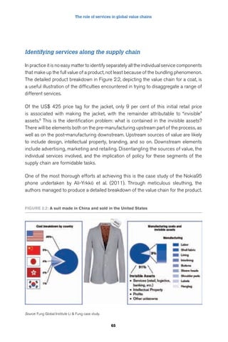 The role of services in global value chains 
Identifying services along the supply chain 
In practice it is no easy matter to identify separately all the individual service components 
that make up the full value of a product, not least because of the bundling phenomenon. 
The detailed product breakdown in Figure 2.2, depicting the value chain for a coat, is 
a useful illustration of the difficulties encountered in trying to disaggregate a range of 
different services. 
Of the US$ 425 price tag for the jacket, only 9 per cent of this initial retail price 
is associated with making the jacket, with the remainder attributable to “invisible” 
assets.8 This is the identification problem: what is contained in the invisible assets? 
There will be elements both on the pre-manufacturing upstream part of the process, as 
well as on the post-manufacturing downstream. Upstream sources of value are likely 
to include design, intellectual property, branding, and so on. Downstream elements 
include advertising, marketing and retailing. Disentangling the sources of value, the 
individual services involved, and the implication of policy for these segments of the 
supply chain are formidable tasks. 
One of the most thorough efforts at achieving this is the case study of the Nokia95 
phone undertaken by Ali-Yrkkö et al. (2011). Through meticulous sleuthing, the 
authors managed to produce a detailed breakdown of the value chain for the product. 
Figure 2.2: A suit made in China and sold in the united States 
65 
Source: Fung Global Institute Li & Fung case study. 
 
