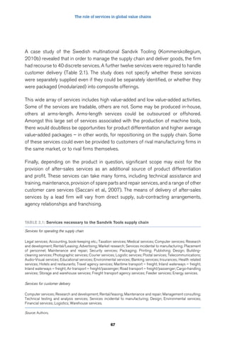 The role of services in global value chains 
A case study of the Swedish multinational Sandvik Tooling (Kommerskollegium, 
2010b) revealed that in order to manage the supply chain and deliver goods, the firm 
had recourse to 40 discrete services. A further twelve services were required to handle 
customer delivery (Table 2.1). The study does not specify whether these services 
were separately supplied even if they could be separately identified, or whether they 
were packaged (modularized) into composite offerings. 
This wide array of services includes high value-added and low value-added activities. 
Some of the services are tradable, others are not. Some may be produced in-house, 
others at arms-length. Arms-length services could be outsourced or offshored. 
Amongst this large set of services associated with the production of machine tools, 
there would doubtless be opportunities for product differentiation and higher average 
value-added packages – in other words, for repositioning on the supply chain. Some 
of these services could even be provided to customers of rival manufacturing firms in 
the same market, or to rival firms themselves. 
Finally, depending on the product in question, significant scope may exist for the 
provision of after-sales services as an additional source of product differentiation 
and profit. These services can take many forms, including technical assistance and 
training, maintenance, provision of spare parts and repair services, and a range of other 
customer care services (Saccani et al., 2007). The means of delivery of after-sales 
services by a lead firm will vary from direct supply, sub-contracting arrangements, 
agency relationships and franchising. 
Table 2.1: Services necessary to the Sandvik Tools supply chain 
Services for operating the supply chain 
Legal services; Accounting, book-keeping etc.; Taxation services; Medical services; Computer services; Research 
and development; Rental/Leasing; Advertising; Market research; Services incidental to manufacturing; Placement 
of personnel; Maintenance and repair; Security services; Packaging; Printing; Publishing; Design; Building-cleaning 
services; Photographic services; Courier services; Logistic services; Postal services; Telecommunications; 
Audio-Visual services; Educational services; Environmental services; Banking services; Insurances; Health related 
services; Hotels and restaurants; Travel agency services; Maritime transport – freight; Inland waterways – freight; 
Inland waterways – freight; Air transport – freight/passenger; Road transport – freight/passenger; Cargo-handling 
services; Storage and warehouse services; Freight transport agency services; Feeder services; Energy services. 
67 
Services for customer delivery 
Computer services; Research and development; Rental/leasing; Maintenance and repair; Management consulting; 
Technical testing and analysis services; Services incidental to manufacturing; Design; Environmental services; 
Financial services; Logistics; Warehouse services. 
Source: Authors. 
 