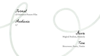 Format
2D Animated Feature Film
Audience
13+
Genre
Magical Realism, Dramedy
Tone
Bittersweet, Poetic, Tender
 
