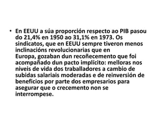 • En EEUU a súa proporción respecto ao PIB pasou
do 21,4% en 1950 ao 31,1% en 1973. Os
sindicatos, que en EEUU sempre tiveron menos
inclinacións revolucionarias que en
Europa, gozaban dun recoñecemento que foi
acompañado dun pacto implícito: melloras nos
niveis de vida dos traballadores a cambio de
subidas salariais moderadas e de reinversión de
beneficios por parte dos empresarios para
asegurar que o crecemento non se
interrompese.

 