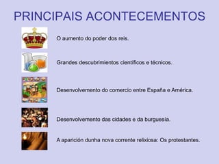 PRINCIPAIS ACONTECEMENTOSO aumento do poder dos reis.Grandes descubrimientos científicos e técnicos.Desenvolvemento do comercio entre España e América.Desenvolvemento das cidades e da burguesía.A aparición dunha nova corrente relixiosa: Os protestantes.