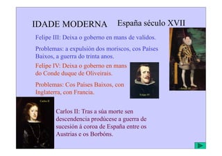 IDADE MODERNA España século XVII
Felipe III: Deixa o goberno en mans de validos.
Problemas: a expulsión dos moriscos, cos Países
Baixos, a guerra do trinta anos.
Felipe IV: Deixa o goberno en mans
do Conde duque de Oliveirais.
Problemas: Cos Países Baixos, con
Inglaterra, con Francia.
Carlos II: Tras a súa morte sen
descendencia prodúcese a guerra de
sucesión á coroa de España entre os
Austrias e os Borbóns.
Felipe III
Felipe IV
Carlos II
 