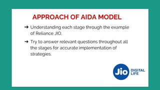 APPROACH OF AIDA MODEL
➔ Understanding each stage through the example
of Reliance JIO.
➔ Try to answer relevant questions throughout all
the stages for accurate implementation of
strategies.
 