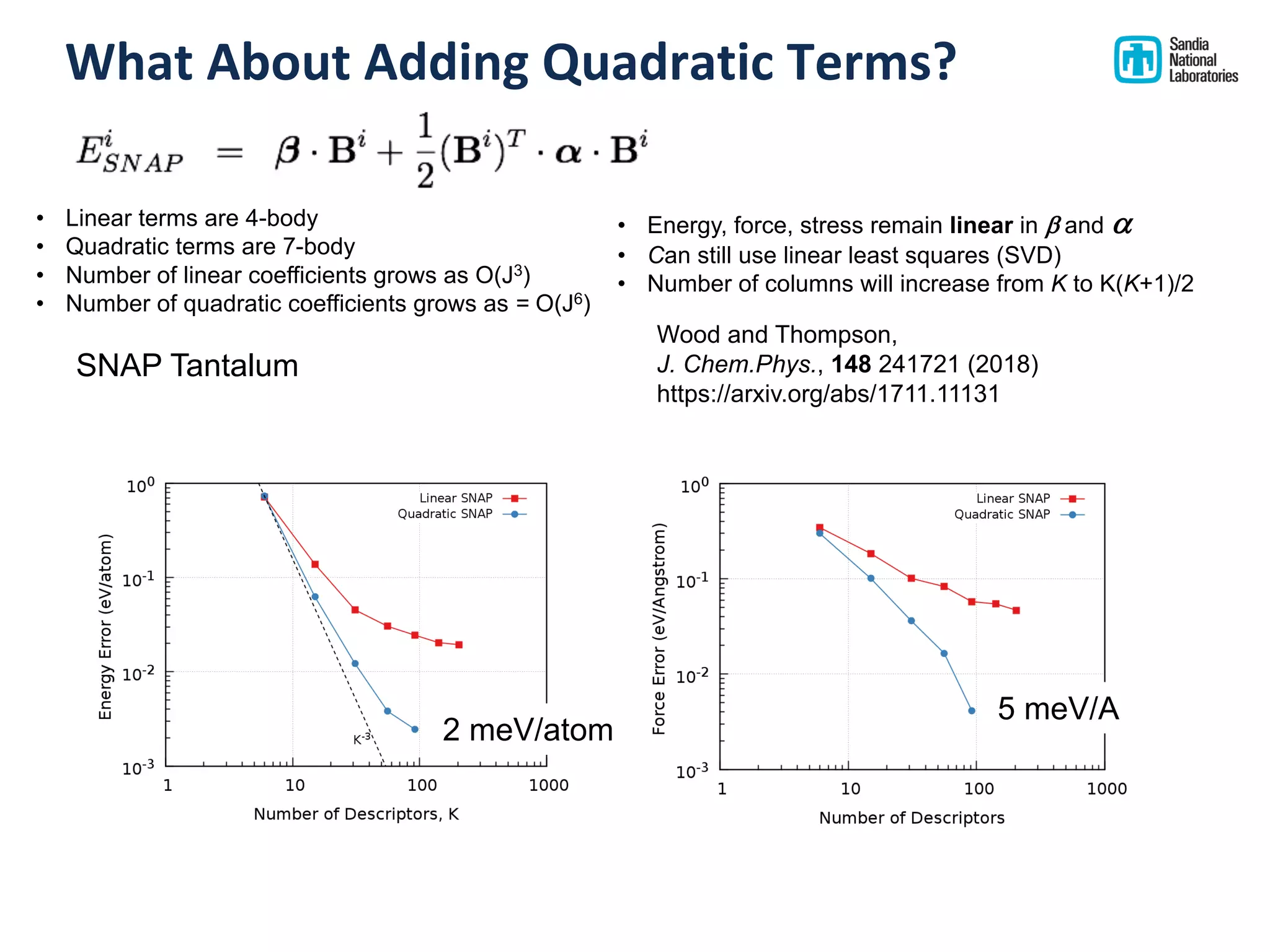 What About Adding Quadratic Terms?
• Linear terms are 4-body
• Quadratic terms are 7-body
• Number of linear coefficients grows as O(J3)
• Number of quadratic coefficients grows as = O(J6)
• Energy, force, stress remain linear in b and a
• Can still use linear least squares (SVD)
• Number of columns will increase from K to K(K+1)/2
Wood and Thompson,
J. Chem.Phys., 148 241721 (2018)
https://arxiv.org/abs/1711.11131
SNAP Tantalum
2 meV/atom
5 meV/A
 