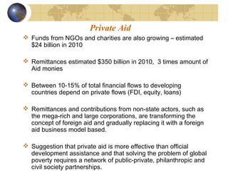 Private Aid 
 Funds from NGOs and charities are also growing – estimated 
$24 billion in 2010 
 Remittances estimated $350 billion in 2010, 3 times amount of 
Aid monies 
 Between 10-15% of total financial flows to developing 
countries depend on private flows (FDI, equity, loans) 
 Remittances and contributions from non-state actors, such as 
the mega-rich and large corporations, are transforming the 
concept of foreign aid and gradually replacing it with a foreign 
aid business model based. 
 Suggestion that private aid is more effective than official 
development assistance and that solving the problem of global 
poverty requires a network of public-private, philanthropic and 
civil society partnerships. 
 