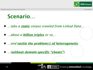 Scenario… … take a  static  corpus crawled from Linked Data… … about a  billion triples  or so… … and  tackle the problem (s)  of heterogeneity … ( without domain-specific “cheats” ).   