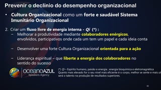 42 
Prevenir o declínio do desempenho organizacional 
• Cultura Organizacional como um forte e saudável Sistema 
Imunitário Organizacional 
2. Criar um fluxo livre de energia interna - Qi (*) : 
– Melhorar a produtividade mediante colaboradores enérgicos, 
envolvidos, participativos onde cada um tem um papel e cada ideia conta 
– Desenvolver uma forte Cultura Organizacional orientada para a ação 
– Liderança espiritual – que liberte a energia dos colaboradores no 
sentido do sucesso 
(*) Qi – Espirito humano, paixão e energia ; energia bioquímica e eletromagnética 
Quanto mais elevado for o seu nível mais eficiente é o corpo, melhor se sente e mais utilizado 
será o talento na produção de resultados superiores. 
 