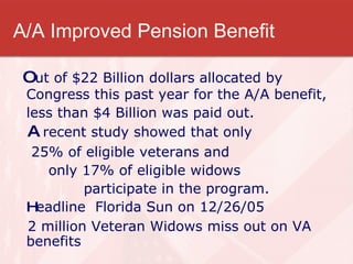 A/A Improved Pension Benefit O ut of $22 Billion dollars allocated by Congress this past year for the A/A benefit,  less than $4 Billion was paid out.  A  recent study showed that only    25% of eligible veterans and  only 17% of eligible widows  participate in the program. H eadline  Florida Sun on 12/26/05 2 million Veteran Widows miss out on VA benefits 