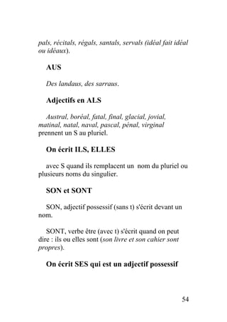 pals, récitals, régals, santals, servals (idéal fait idéal
ou idéaux).
AUS
Des landaus, des sarraus.
Adjectifs en ALS
Austral, boréal, fatal, final, glacial, jovial,
matinal, natal, naval, pascal, pénal, virginal
prennent un S au pluriel.
On écrit ILS, ELLES
avec S quand ils remplacent un nom du pluriel ou
plusieurs noms du singulier.
SON et SONT
SON, adjectif possessif (sans t) s'écrit devant un
nom.
SONT, verbe être (avec t) s'écrit quand on peut
dire : ils ou elles sont (son livre et son cahier sont
propres).
On écrit SES qui est un adjectif possessif
54
 