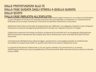 DALLE PROTOFUNZIONI ALLE FE
DALLA FASE GUIDATA DAGLI STIMOLI A QUELLA GUIDATA
DALLO SCOPO
DALLA FASE IMPLICITA ALL’ESPLICITA• Dalla attenzione selettiva che permette di isolare uno stimolo target immerso in un contorno di distrattori
si può sviluppare la funzione di controllo esecutivo che sarà deputata a mantenere un comportamento
finalizzato ad uno scopo nonostante l’intervento di attrattori interferenti e fuorvianti.
• Dall’allerta fasico (breve intervallo di preparazione per effettuare una adeguata risposta) si può sviluppare
l’attenzione sostenuta allungando gradualmente la durata tra il segnale di pronti e il target.
• L’attenzione sostenuta nel tempo ha diverse componenti di controllo ed è accompagnata dalla gestione
della frustrazione al perdurare del compito (che alcuni definiscono come una delle principali funzioni
esecutive).
• L’orientamento dell’attenzione (disancoraggio, spostamento e ancoraggio) prelude al cambiamento
immediato di compiti (task shift) e in questo caso interverrà anche la capacità di avvio.
• La capacità di focalizzare l’attenzione su di uno spazio ristretto o di concentrarla in un tempo
relativamente breve può essere propedeutica al funzionamento della memoria di lavoro (come la intende
Cowan 2000)
 